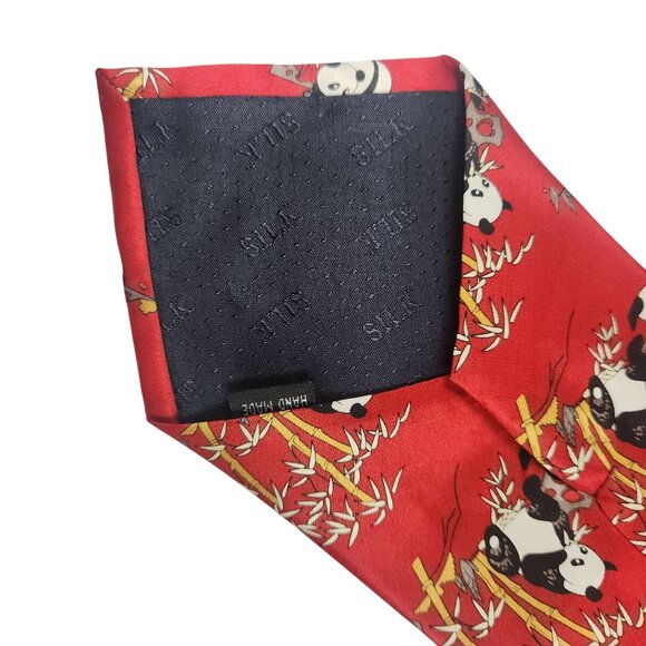 Red Silk Necktie With Panda & Bamboo Print Design Kailong 100% Silk Hand Made - Picture 5 of 5